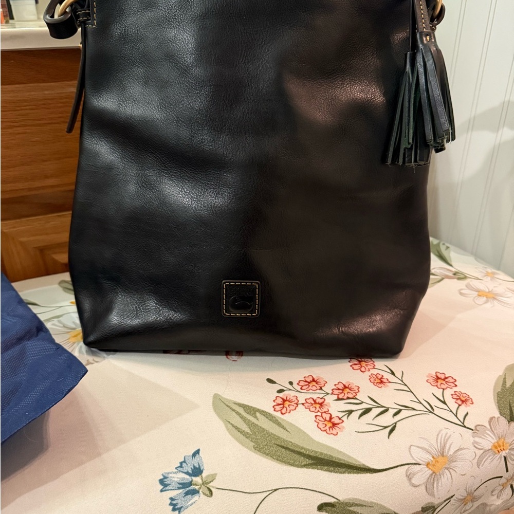 Black Leather Tote Bag with Tassel